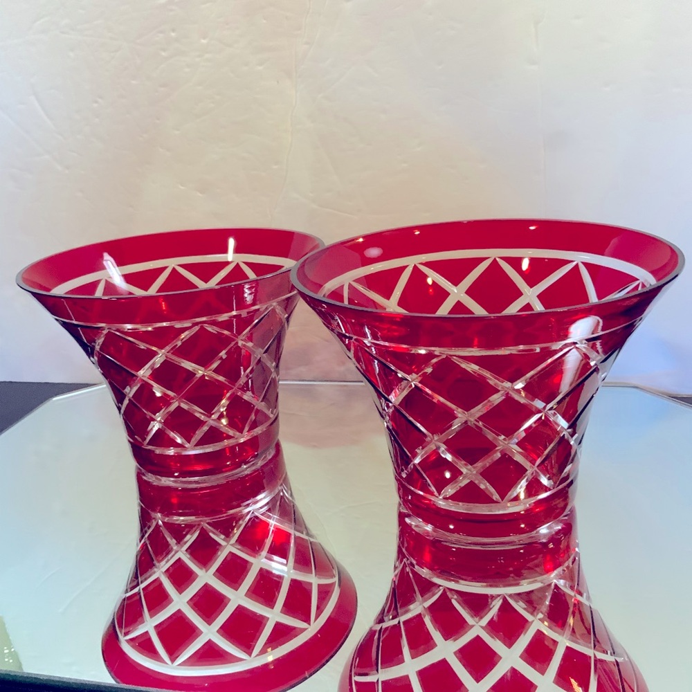 Vintage Red Vase Cut to Clear Diamond Pattern Fluted Glass Set of 2 #08